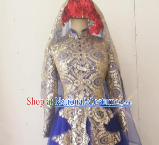 Chinese Traditional Wedding Garment Costumes Classical Embroidered Royalblue Dress Hui Ethnic Bride Clothing