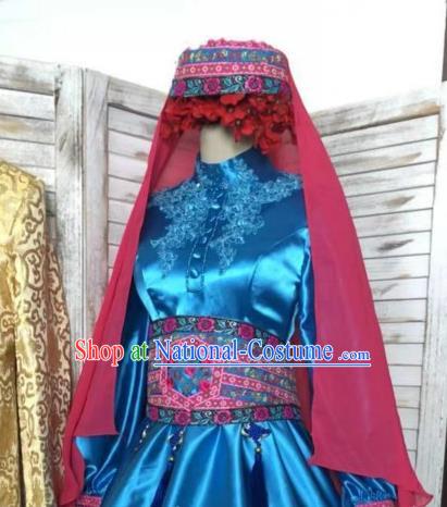 Chinese Hui Ethnic Bride Clothing Traditional Wedding Garment Costumes Classical Embroidered Royalblue Dress and Hat