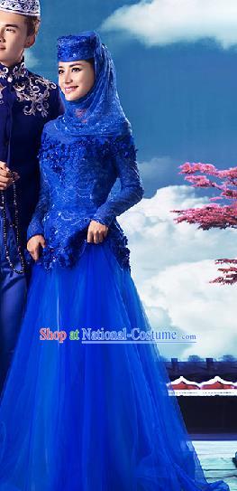 Chinese Traditional Hui Nationality Wedding Garment Costumes Ethnic Bride Clothing Classical Embroidered Blue Full Dress and Hat