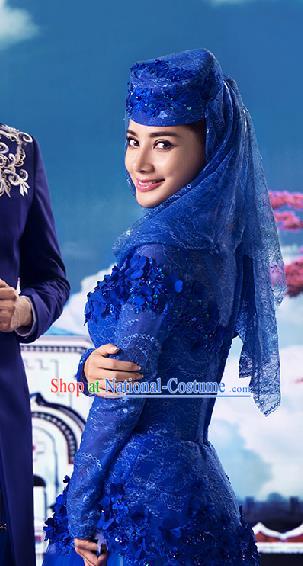 Chinese Traditional Hui Nationality Wedding Garment Costumes Ethnic Bride Clothing Classical Embroidered Blue Full Dress