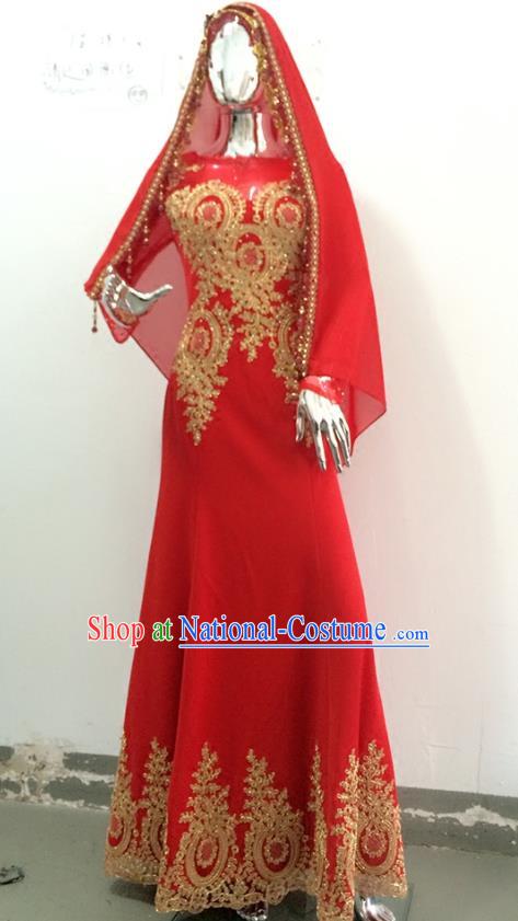 Chinese Traditional Hui Nationality Wedding Garment Costumes Ethnic Bride Clothing Classical Embroidered Red Full Dress