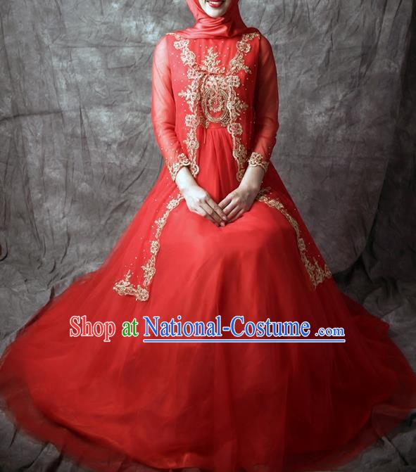 Chinese Classical Embroidered Red Full Dress Traditional Ethnic Wedding Garment Costumes Hui Nationality Bride Clothing