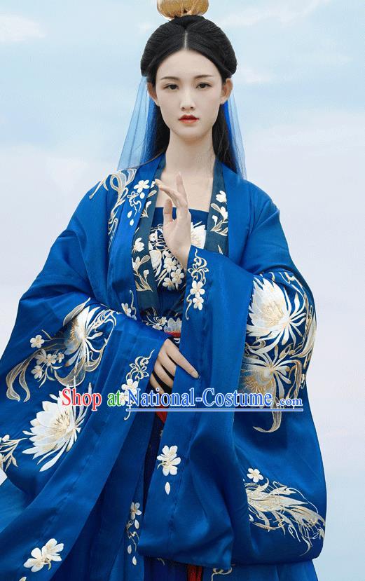 China Ancient Palace Princess Blue Hanfu Dress Garments Traditional Tang Dynasty Court Beauty Dance Clothing