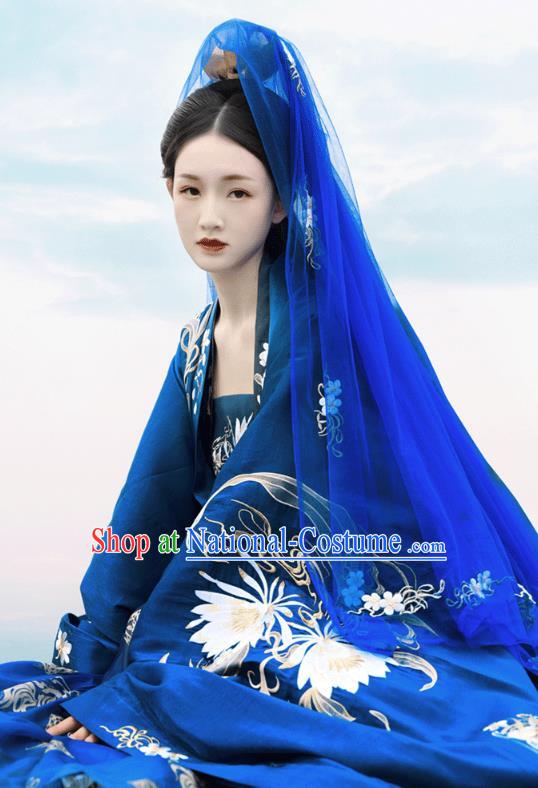 China Ancient Palace Princess Blue Hanfu Dress Garments Traditional Tang Dynasty Court Beauty Dance Clothing