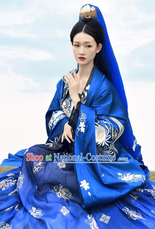 China Ancient Palace Princess Blue Hanfu Dress Garments Traditional Tang Dynasty Court Beauty Dance Clothing