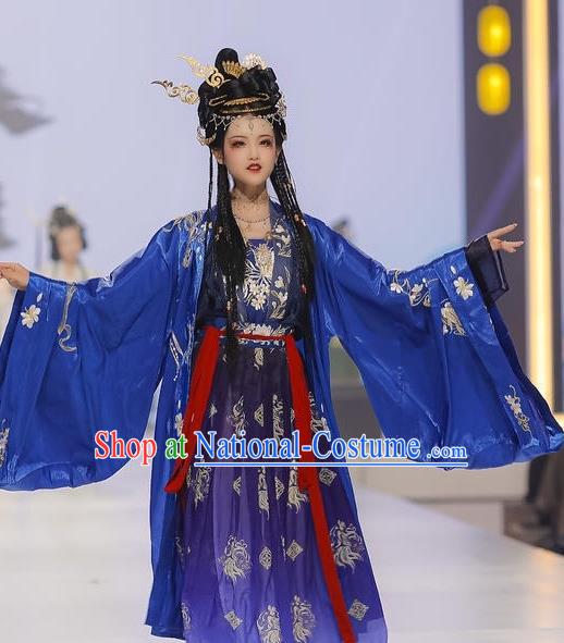 China Ancient Palace Princess Blue Hanfu Dress Garments Traditional Tang Dynasty Court Beauty Dance Clothing