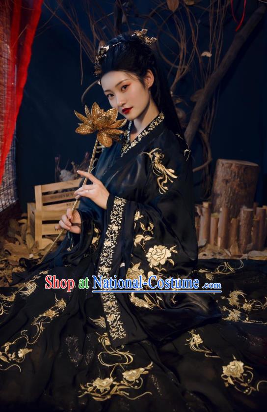 China Traditional Jin Dynasty Imperial Concubine Historical Clothing Ancient Palace Lady Embroidered Black Hanfu Dress Garments for Women