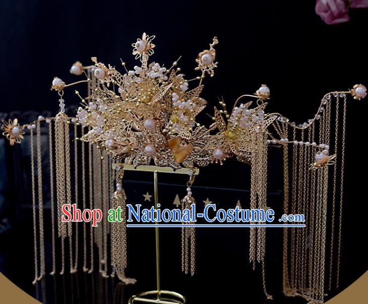 Chinese Xiuhe Suit Golden Tassel Hair Crown Classical Bride Phoenix Coronet Headdress Traditional Wedding Hair Accessories