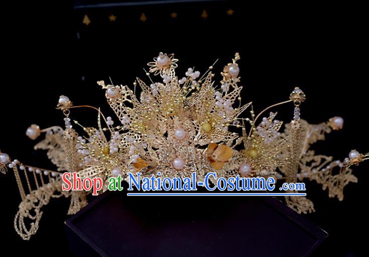 Chinese Xiuhe Suit Golden Tassel Hair Crown Classical Bride Phoenix Coronet Headdress Traditional Wedding Hair Accessories