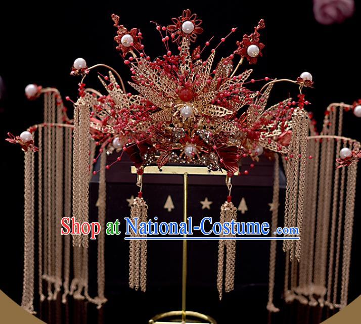 Chinese Traditional Wedding Hair Accessories Xiuhe Suit Golden Tassel Hair Crown Classical Bride Phoenix Coronet Headdress