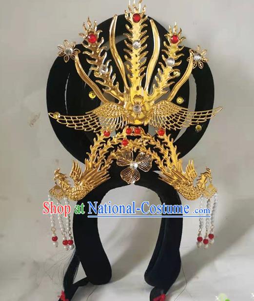 Chinese Beijing Opera Hua Tan Headdress Classical Dance Hair Accessories Traditional Stage Performance Wigs and Golden Phoenix Hair Crown