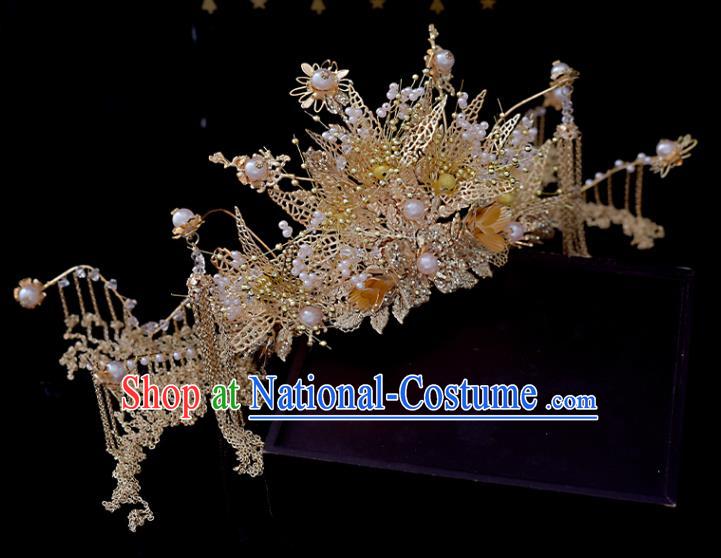 Chinese Xiuhe Suit Golden Tassel Hair Crown Classical Bride Phoenix Coronet Headdress Traditional Wedding Hair Accessories