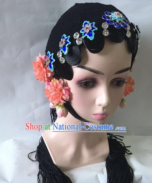 Chinese Traditional Stage Performance Wigs and Blueing Hairpins Beijing Opera Diva Headdress Classical Dance Hair Accessories