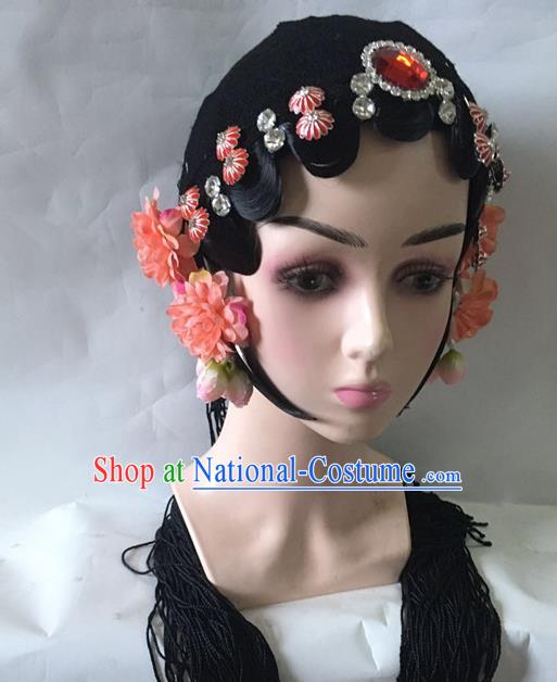 Chinese Classical Dance Hair Accessories Traditional Beijing Opera Actress Wigs and Red Hairpins Stage Performance Headdress