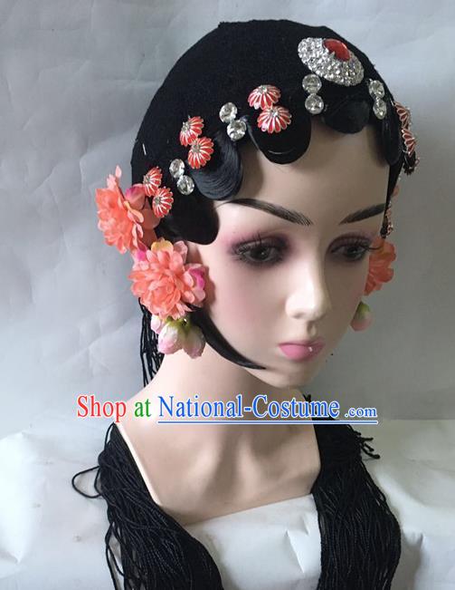 Chinese Stage Performance Headdress Classical Dance Hair Accessories Traditional Beijing Opera Actress Wigs and Red Hairpins