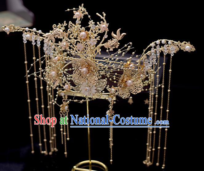 Chinese Classical Bride Phoenix Coronet Headdress Traditional Wedding Hair Accessories Xiuhe Suit Golden Hair Crown