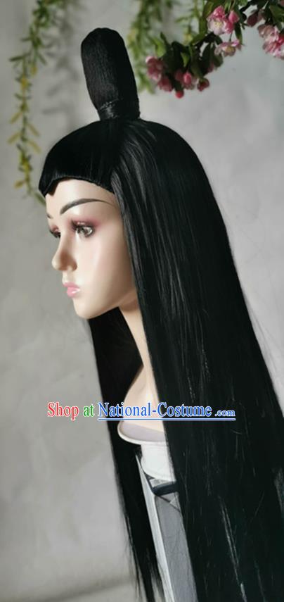 China Cosplay Swordsman Wigs Traditional Tang Dynasty Childe Black Long Wig Sheath Headwear