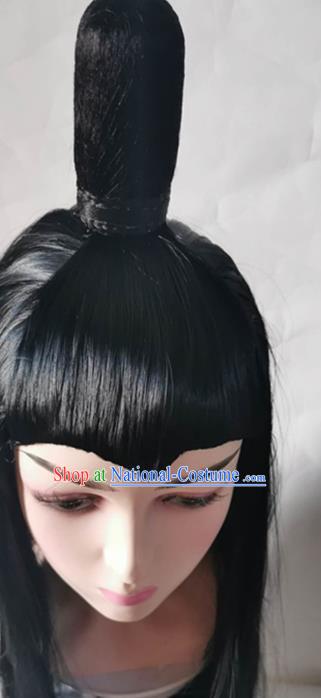 China Cosplay Swordsman Wigs Traditional Tang Dynasty Childe Black Long Wig Sheath Headwear