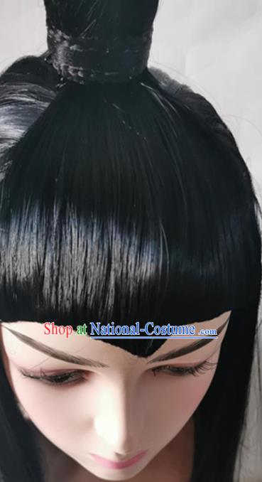 China Cosplay Swordsman Wigs Traditional Tang Dynasty Childe Black Long Wig Sheath Headwear