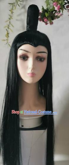 China Cosplay Swordsman Wigs Traditional Tang Dynasty Childe Black Long Wig Sheath Headwear