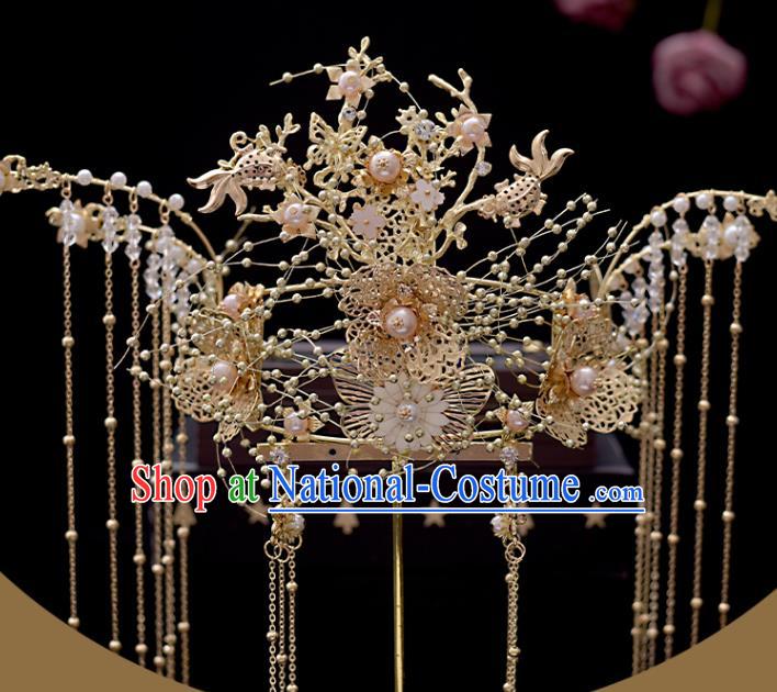 Chinese Classical Bride Phoenix Coronet Headdress Traditional Wedding Hair Accessories Xiuhe Suit Golden Hair Crown