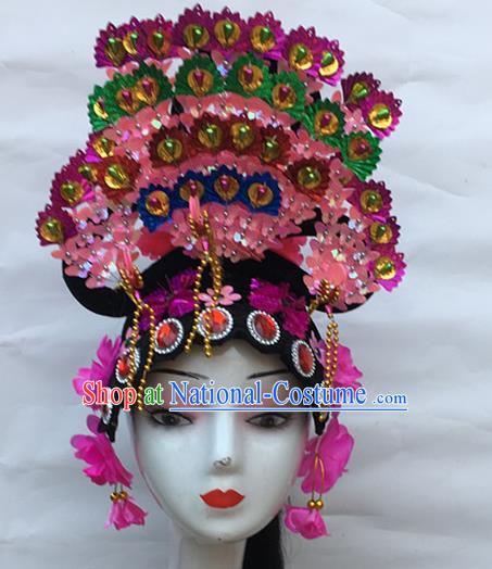 Chinese Stage Performance Headwear Folk Dance Headdress Traditional Peking Opera Wigs and Pink Hair Crown