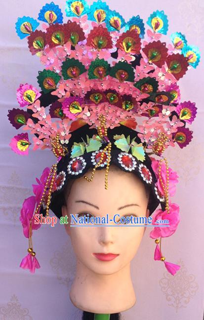 Chinese Classical Dance Headdress Traditional Peking Opera Wigs and Pink Hair Crown Stage Performance Headwear