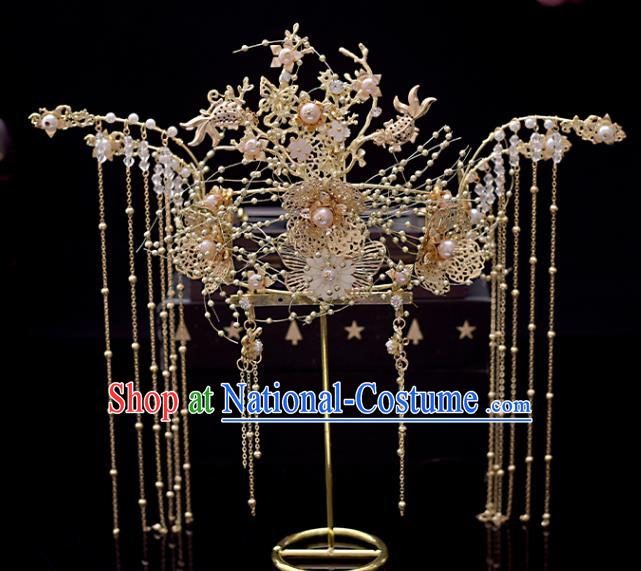 Chinese Classical Bride Phoenix Coronet Headdress Traditional Wedding Hair Accessories Xiuhe Suit Golden Hair Crown