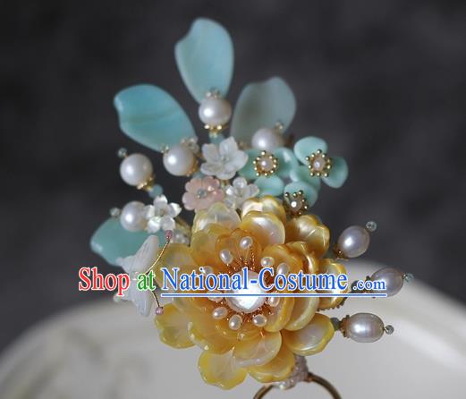 China Song Dynasty Young Beauty Shell Peony Hair Stick Traditional Hanfu Hair Accessories Ancient Princess Hairpin