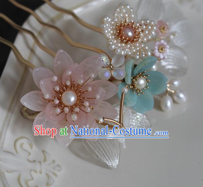 China Ming Dynasty Rose Quartz Lotus Hair Comb Traditional Hanfu Hair Accessories Ancient Princess Pearls Hairpin