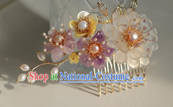 China Ancient Princess White Peony Hairpin Ming Dynasty Amethyst Plum Hair Comb Traditional Hanfu Hair Accessories