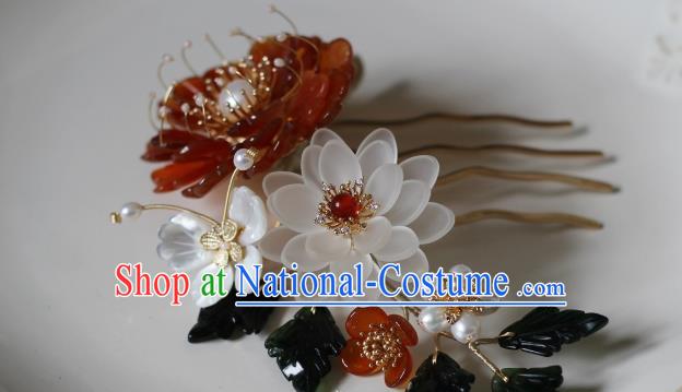 China Ancient Princess Agate Chrysanthemum Hairpin Ming Dynasty Lotus Hair Comb Traditional Hanfu Hair Accessories