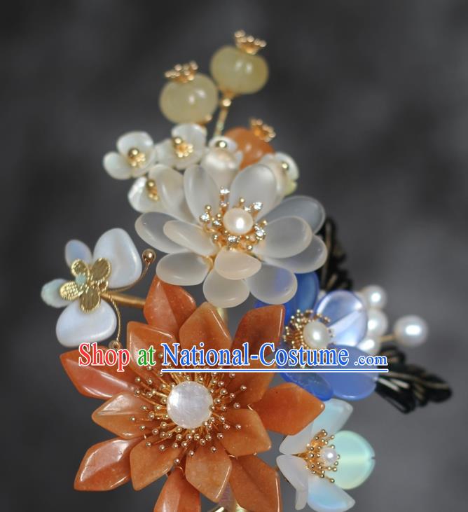 China Ming Dynasty Agate Lotus Hair Comb Traditional Hanfu Hair Accessories Ancient Princess Shell Jade Hairpin