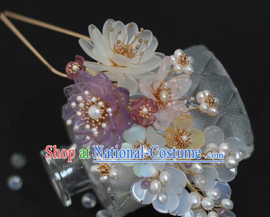 China Ming Dynasty White Chalcedony Hair Stick Traditional Hanfu Headpiece Ancient Princess Pearls Hairpin