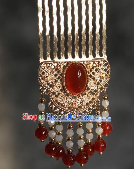 China Traditional Hanfu Headpiece Ancient Princess Tassel Hairpin Tang Dynasty Golden Hair Comb