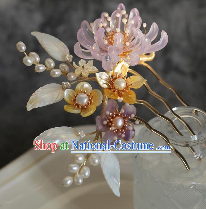 China Song Dynasty Pink Chrysanthemum Hair Comb Traditional Hanfu Headwear Ancient Princess Shell Hairpin