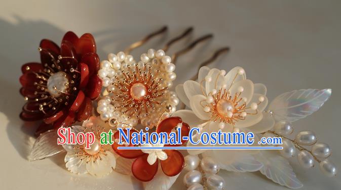 China Ancient Princess Agate Peony Hairpin Song Dynasty Pearls Hair Comb Traditional Hanfu Headwear