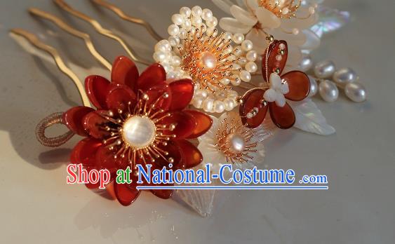 China Ancient Princess Agate Peony Hairpin Song Dynasty Pearls Hair Comb Traditional Hanfu Headwear