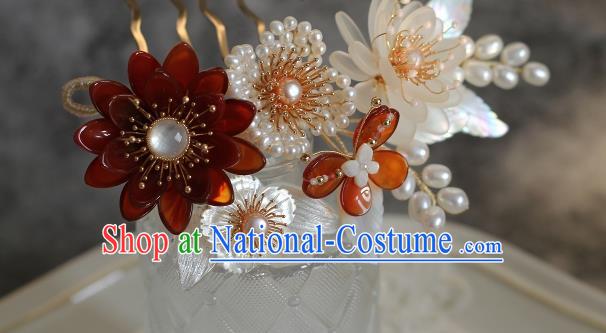 China Ancient Princess Agate Peony Hairpin Song Dynasty Pearls Hair Comb Traditional Hanfu Headwear