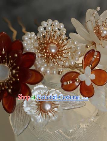 China Ancient Princess Agate Peony Hairpin Song Dynasty Pearls Hair Comb Traditional Hanfu Headwear