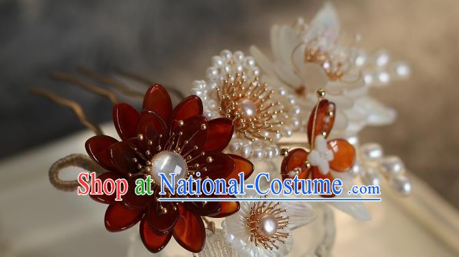 China Ancient Princess Agate Peony Hairpin Song Dynasty Pearls Hair Comb Traditional Hanfu Headwear