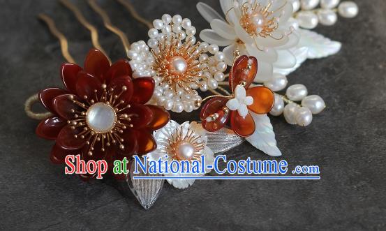 China Ancient Princess Agate Peony Hairpin Song Dynasty Pearls Hair Comb Traditional Hanfu Headwear