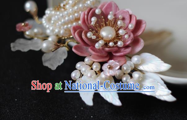 China Traditional Hanfu Headwear Ancient Princess Pearls Hairpin Song Dynasty Pink Peony Hair Comb