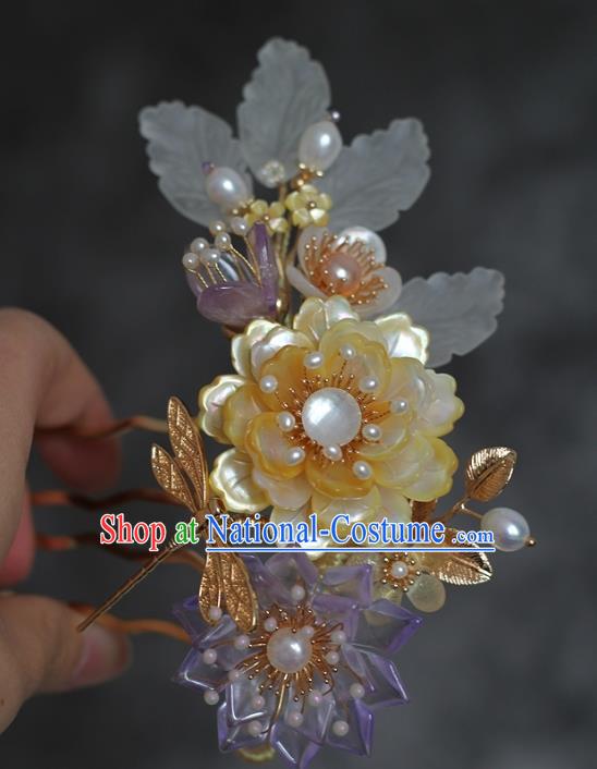 China Ming Dynasty Palace Lady Hair Comb Traditional Hanfu Hair Accessories Ancient Princess Shell Peony Hairpin