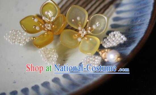 China Song Dynasty Young Lady Ceregat Flowers Hair Comb Traditional Hanfu Headdress Ancient Princess Pearls Hairpin