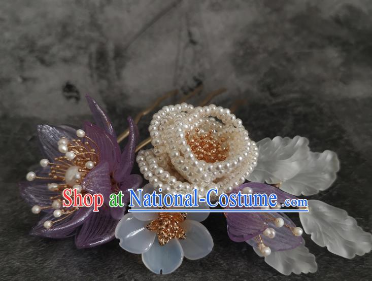 China Ancient Imperial Consort Pearls Hairpin Ming Dynasty Purple Flower Hair Comb Traditional Hanfu Hair Accessories