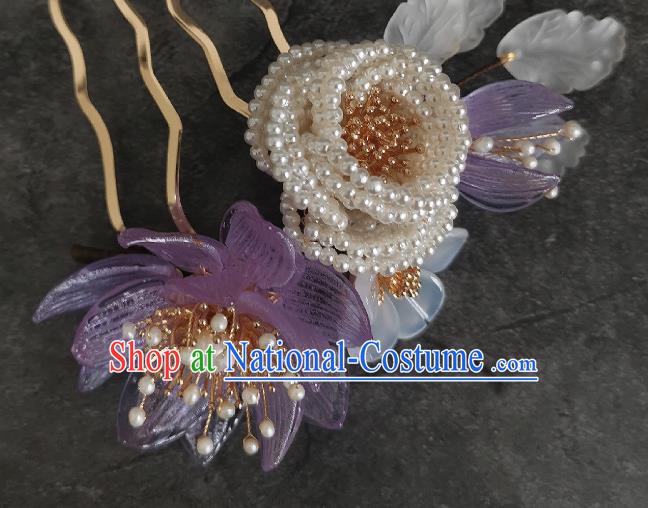 China Ancient Imperial Consort Pearls Hairpin Ming Dynasty Purple Flower Hair Comb Traditional Hanfu Hair Accessories