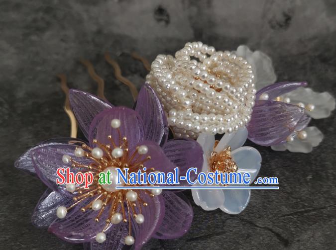 China Ancient Imperial Consort Pearls Hairpin Ming Dynasty Purple Flower Hair Comb Traditional Hanfu Hair Accessories