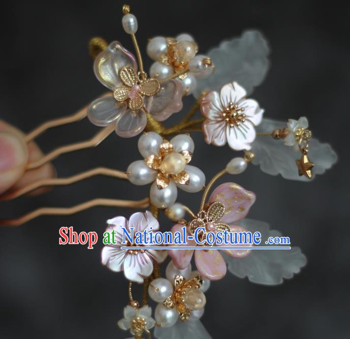 China Ancient Princess Shell Flowers Hairpin Ming Dynasty Young Lady Pearls Hair Comb Traditional Hanfu Headdress