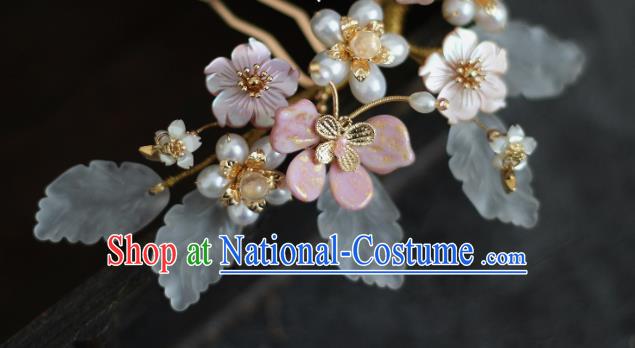 China Ancient Princess Shell Flowers Hairpin Ming Dynasty Young Lady Pearls Hair Comb Traditional Hanfu Headdress